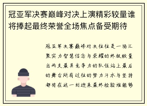 冠亚军决赛巅峰对决上演精彩较量谁将捧起最终荣誉全场焦点备受期待