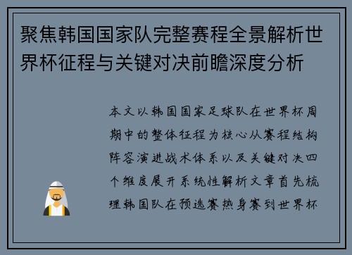 聚焦韩国国家队完整赛程全景解析世界杯征程与关键对决前瞻深度分析